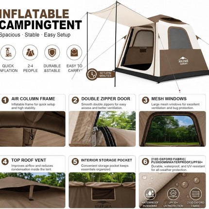 Inflatable Camping Tent, 2-4 Person Air Tent with Pump and Awning-Brown - ablem8canopy