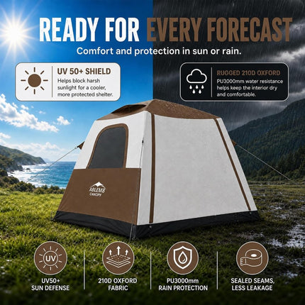 Inflatable Camping Tent, 2-4 Person Air Tent with Pump and Awning-Brown - ablem8canopy