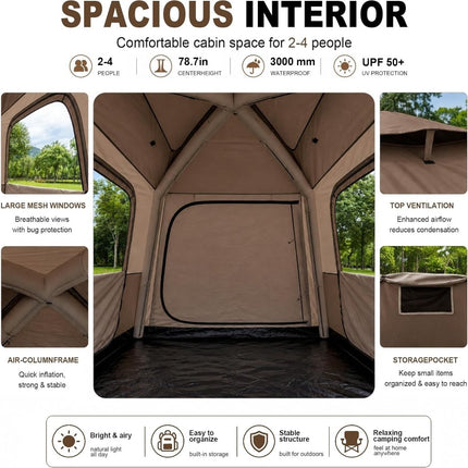 Inflatable Camping Tent, 2-4 Person Air Tent with Pump and Awning-Brown - ablem8canopy