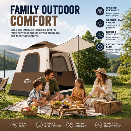 Inflatable Camping Tent, 2-4 Person Air Tent with Pump and Awning-Brown - ablem8canopy