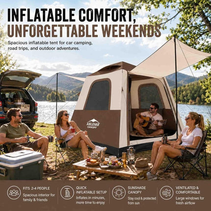 Inflatable Camping Tent, 2-4 Person Air Tent with Pump and Awning-Brown - ablem8canopy