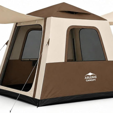 Inflatable Camping Tent, 2-4 Person Air Tent with Pump and Awning-Brown - ablem8canopy