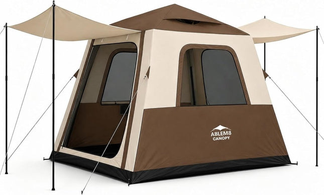 Inflatable Camping Tent, 2-4 Person Air Tent with Pump and Awning-Brown - ablem8canopy