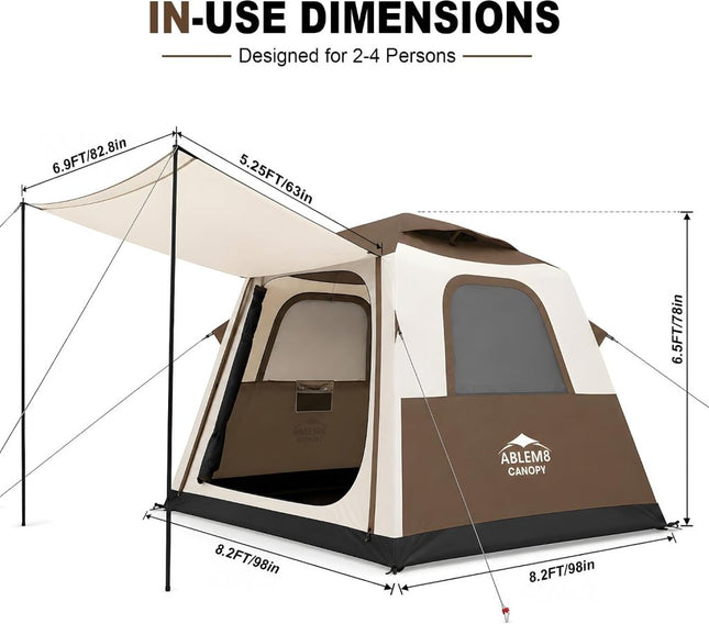 Inflatable Camping Tent, 2-4 Person Air Tent with Pump and Awning-Brown - ablem8canopy