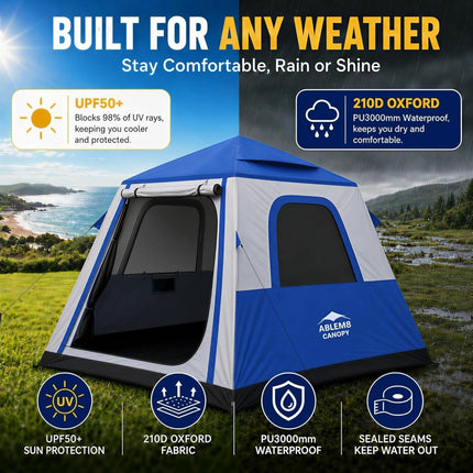 Inflatable Camping Tent with Pump, 2-4 Person Air Tent, Easy Setup Waterproof Blow Up Cabin with Awning for Outdoor Camping - ablem8canopy
