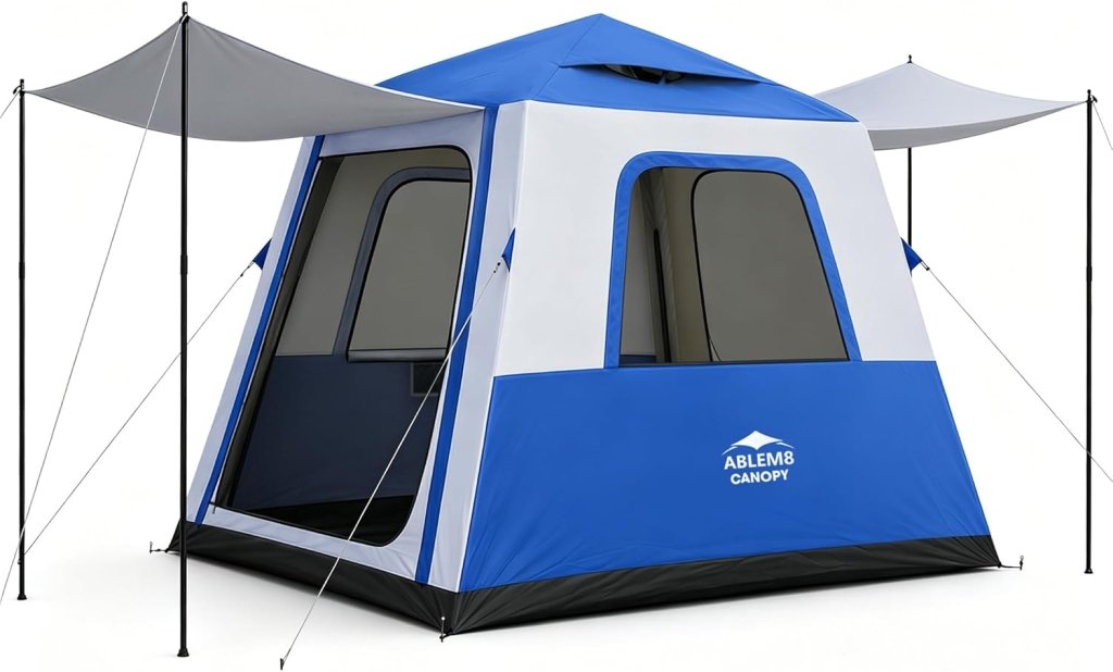 Inflatable Tent for Camping, 8.2x8.2FT Large 4-6 Person Blow up Tent with 2 Doors and 4 Screen Mesh Panels, Footprint Included(Sapphire & Light Gray)