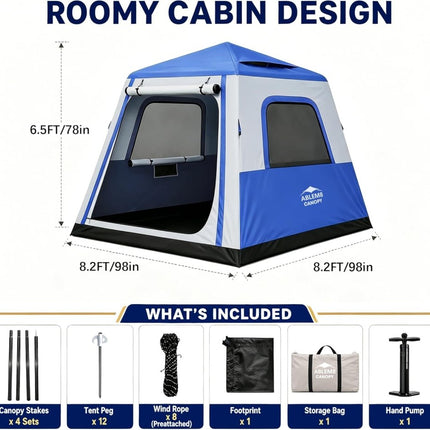Inflatable Camping Tent with Pump, 2-4 Person Air Tent, Easy Setup Waterproof Blow Up Cabin with Awning for Outdoor Camping - ablem8canopy
