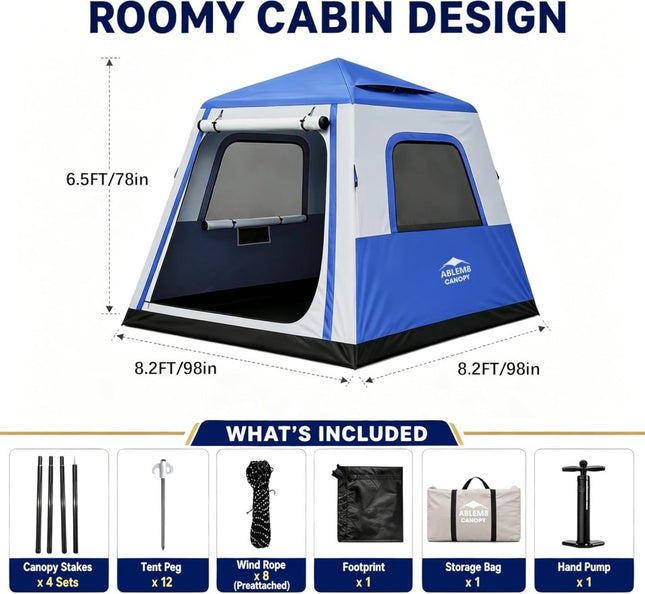 Inflatable Tent for Camping, 8.2x8.2FT Large 4-6 Person Blow up Tent with 2 Doors and 4 Screen Mesh Panels, Footprint Included(Sapphire & Light Gray)