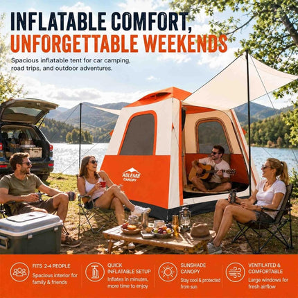 Inflatable Camping Tent with Pump, 2-4 Person Air Tent, Easy Setup Waterproof Blow Up Cabin with Awning for Outdoor Camping-Orange - ablem8canopy