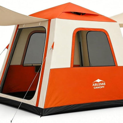 Inflatable Camping Tent with Pump, 2-4 Person Air Tent, Easy Setup Waterproof Blow Up Cabin with Awning for Outdoor Camping-Orange - ablem8canopy