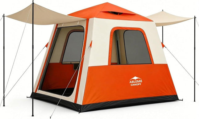Inflatable Camping Tent with Pump, 2-4 Person Air Tent, Easy Setup Waterproof Blow Up Cabin with Awning for Outdoor Camping-Orange - ablem8canopy