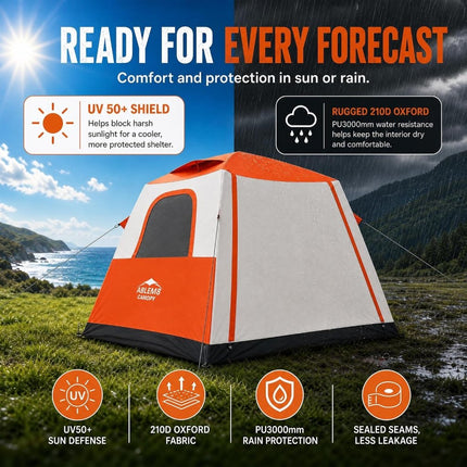 Inflatable Camping Tent with Pump, 2-4 Person Air Tent, Easy Setup Waterproof Blow Up Cabin with Awning for Outdoor Camping-Orange - ablem8canopy