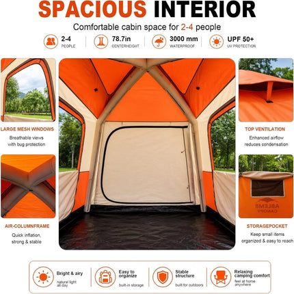 Inflatable Camping Tent with Pump, 2-4 Person Air Tent, Easy Setup Waterproof Blow Up Cabin with Awning for Outdoor Camping-Orange - ablem8canopy