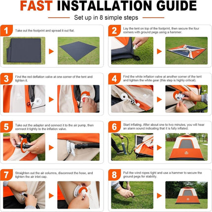 Inflatable Camping Tent with Pump, 2-4 Person Air Tent, Easy Setup Waterproof Blow Up Cabin with Awning for Outdoor Camping-Orange - ablem8canopy