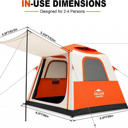 Inflatable Camping Tent with Pump, 2-4 Person Air Tent, Easy Setup Waterproof Blow Up Cabin with Awning for Outdoor Camping-Orange - ablem8canopy