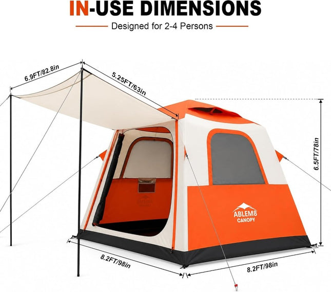 Inflatable Camping Tent with Pump, 2-4 Person Air Tent, Easy Setup Waterproof Blow Up Cabin with Awning for Outdoor Camping-Orange - ablem8canopy