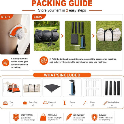 Inflatable Camping Tent with Pump, 2-4 Person Air Tent, Easy Setup Waterproof Blow Up Cabin with Awning for Outdoor Camping-Orange - ablem8canopy