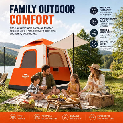 Inflatable Camping Tent with Pump, 2-4 Person Air Tent, Easy Setup Waterproof Blow Up Cabin with Awning for Outdoor Camping-Orange - ablem8canopy