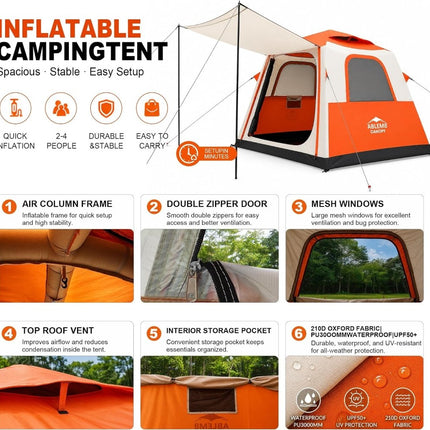 Inflatable Camping Tent with Pump, 2-4 Person Air Tent, Easy Setup Waterproof Blow Up Cabin with Awning for Outdoor Camping-Orange - ablem8canopy