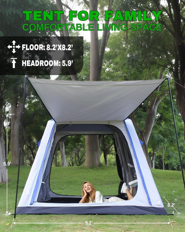 6 man blow up tent Inflatable Tent for Camping, 8.2x8.2FT Large 4-6 Person Blow up Tent with 2 Doors and 4 Screen Mesh Panels, Footprint Included(Sapphire & Light Gray)
