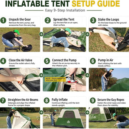 Inflatable Tents for Camping, Blow Up Tent House, Easy Setup Air Tent with Awning, Waterproof Glamping Tents for Camping Adult 4 Person (Green) - ablem8canopy